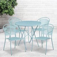 Flash Furniture CO-30RDF-03CHR4-SKY-GG 30" Round Steel Folding Patio Table Set with 4 Round Back Chairs in Blue